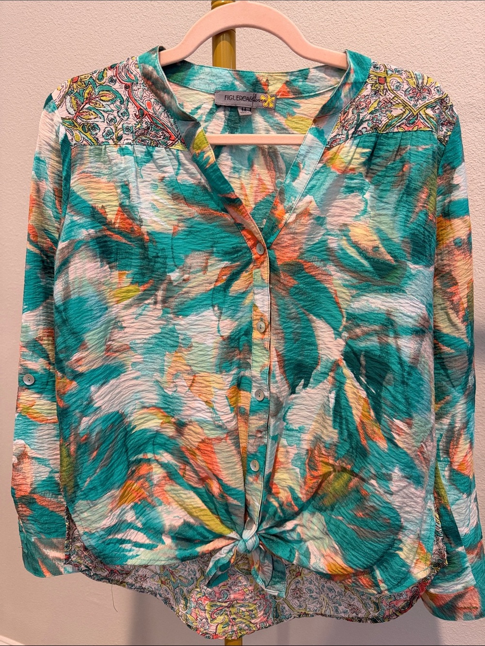 Figueroa & Flower Tropical Floral Button Front Blouse Tie Front Medium